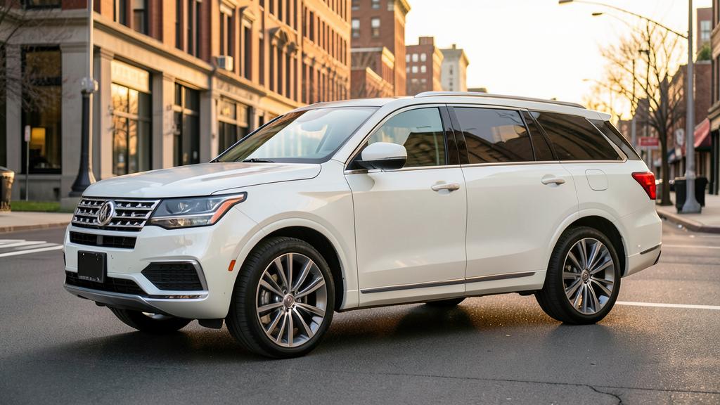 Pearl white luxury SUV parked on a city street at sunset