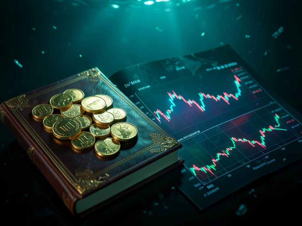 Gold coins resting on a ledger beside a glowing investment chart